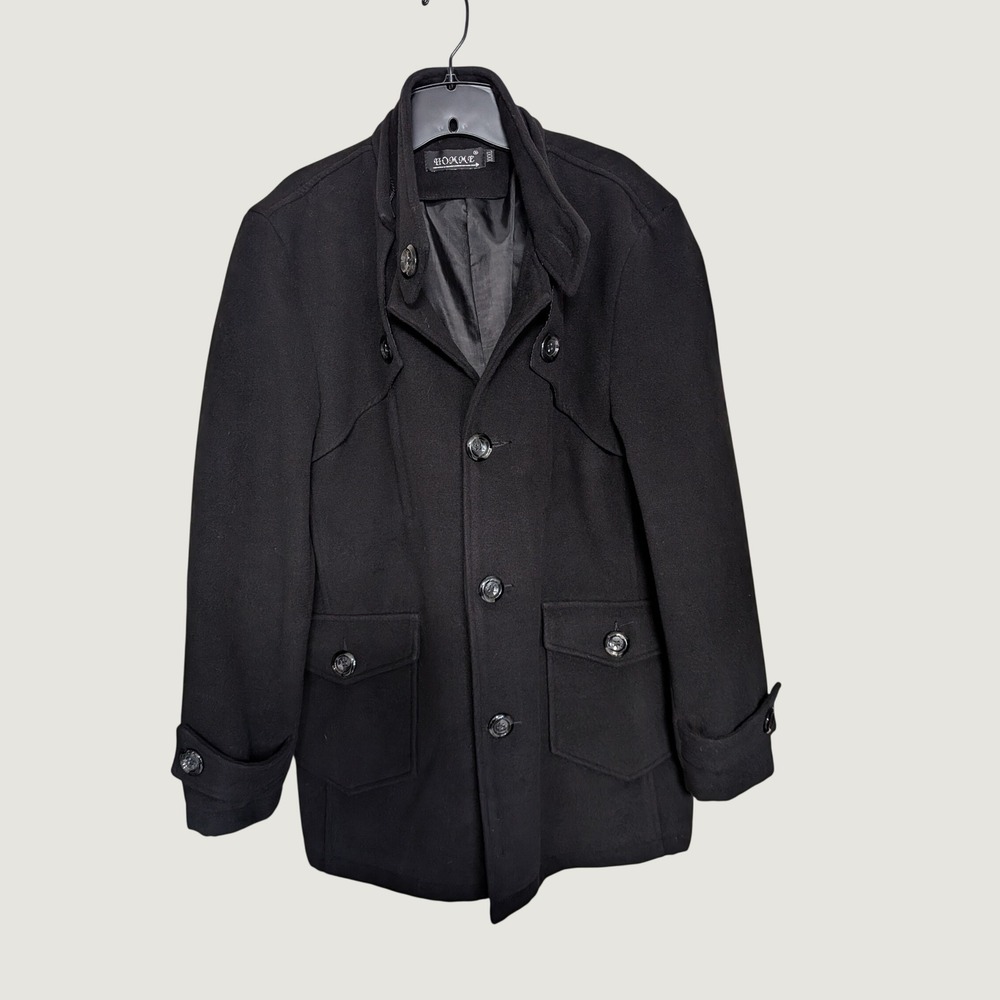 Homme Black Cotton Blend Single Breasted Pea Coat Stand Collar